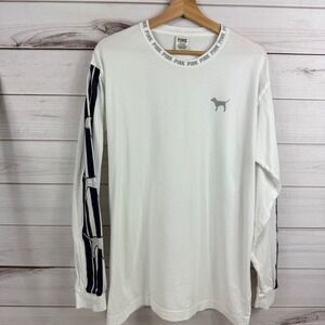 PINK Victoria's Secret White Long Sleeve Dog Logo Striped Rhinestone Tee Size L